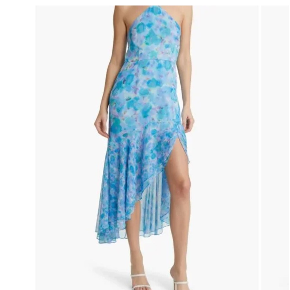 Elegant Blue Floral Halter Dress